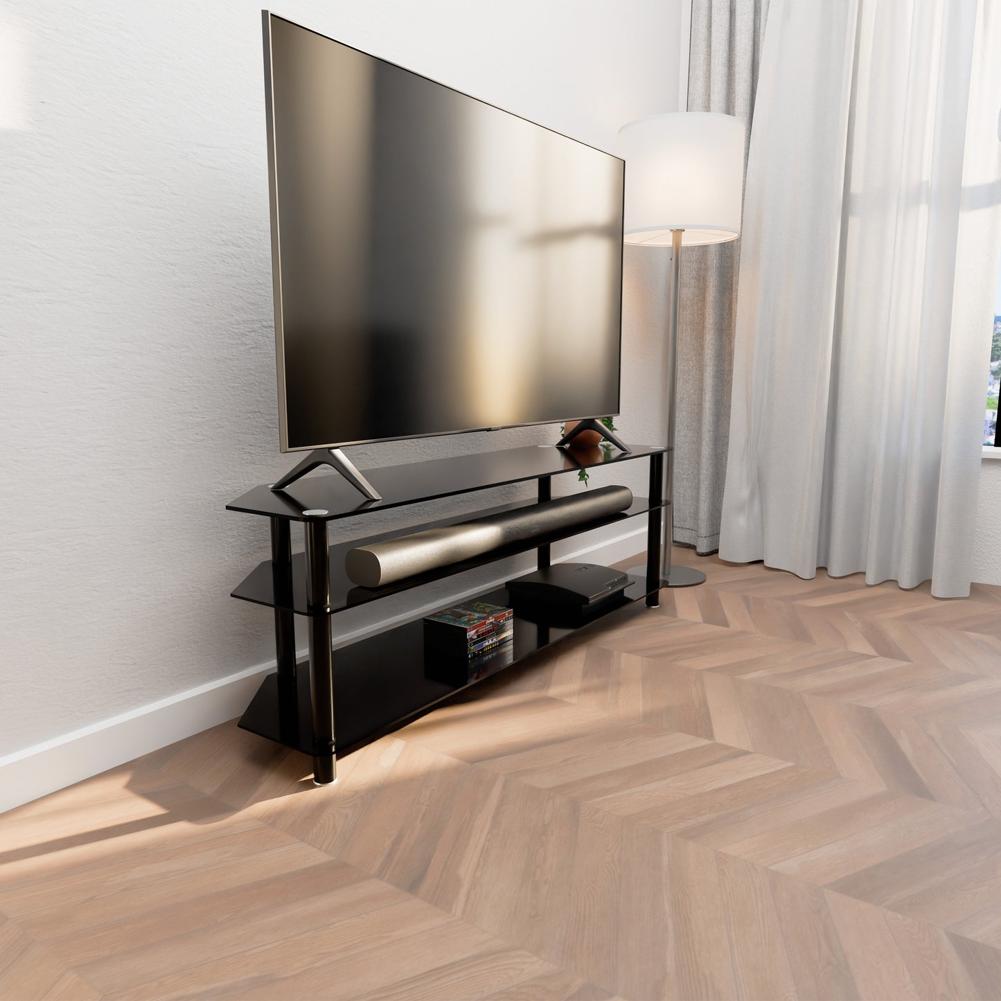 Tauris ACE Entertainment Center, TV Stand, Entertainment Unit 1500mm Tempered Glass and Steel Unit Black