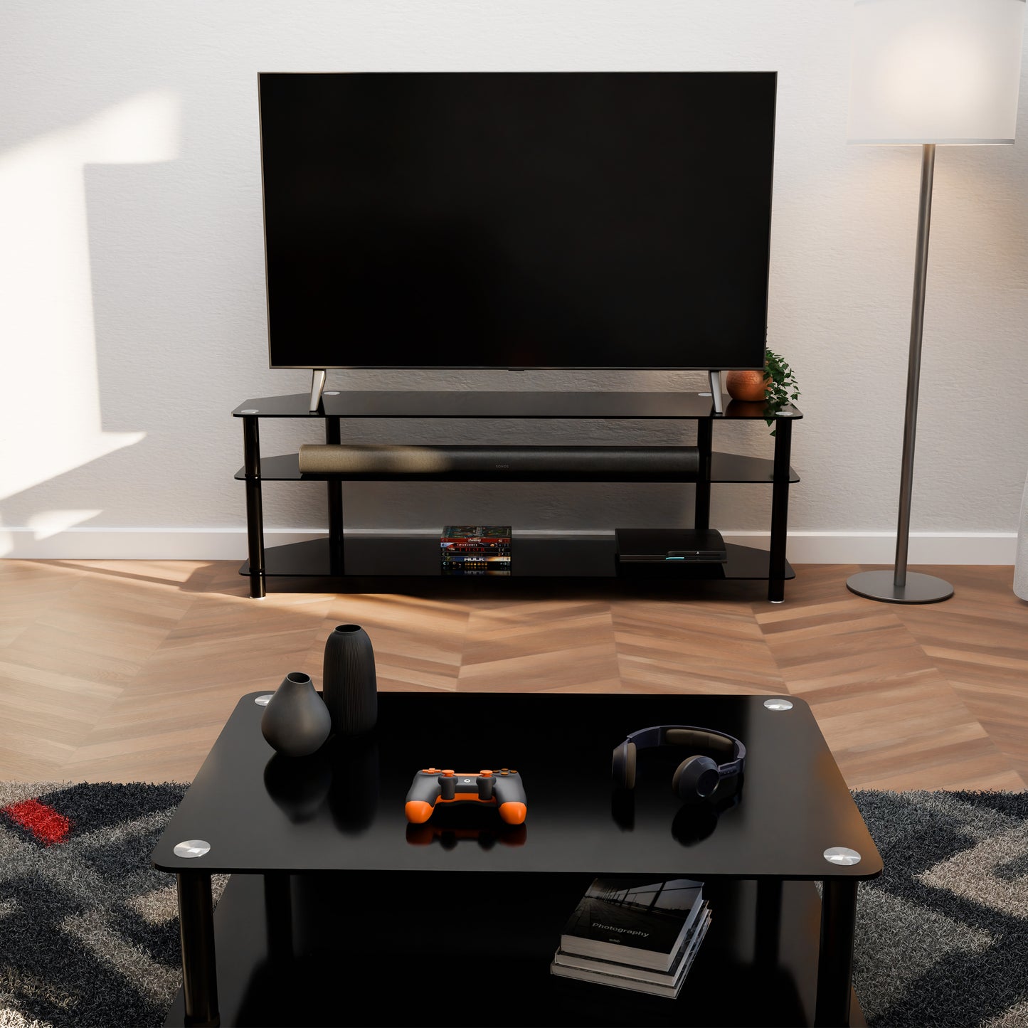 Tauris ACE Entertainment Center, TV Stand, Entertainment Unit 1500mm Tempered Glass and Steel Unit Black
