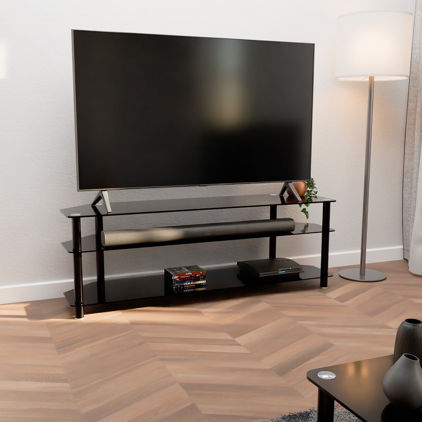 Tauris ACE Entertainment Center, TV Stand, Entertainment Unit 1500mm Tempered Glass and Steel Unit Black