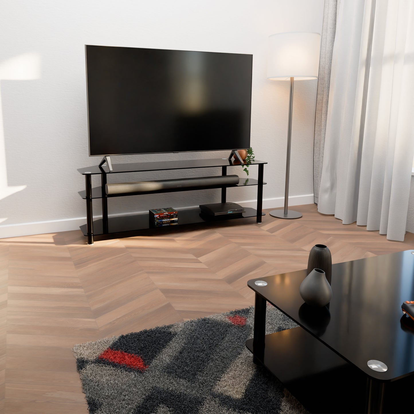Tauris ACE Entertainment Center, TV Stand, Entertainment Unit 1500mm Tempered Glass and Steel Unit Black