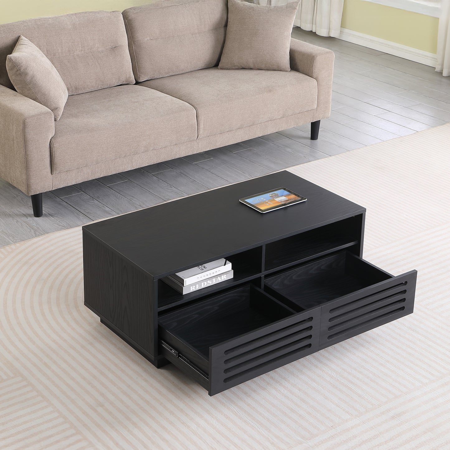 Tauris BURBANKCTBO Coffee Table – Black Oak Finish with Drawers & Shelves