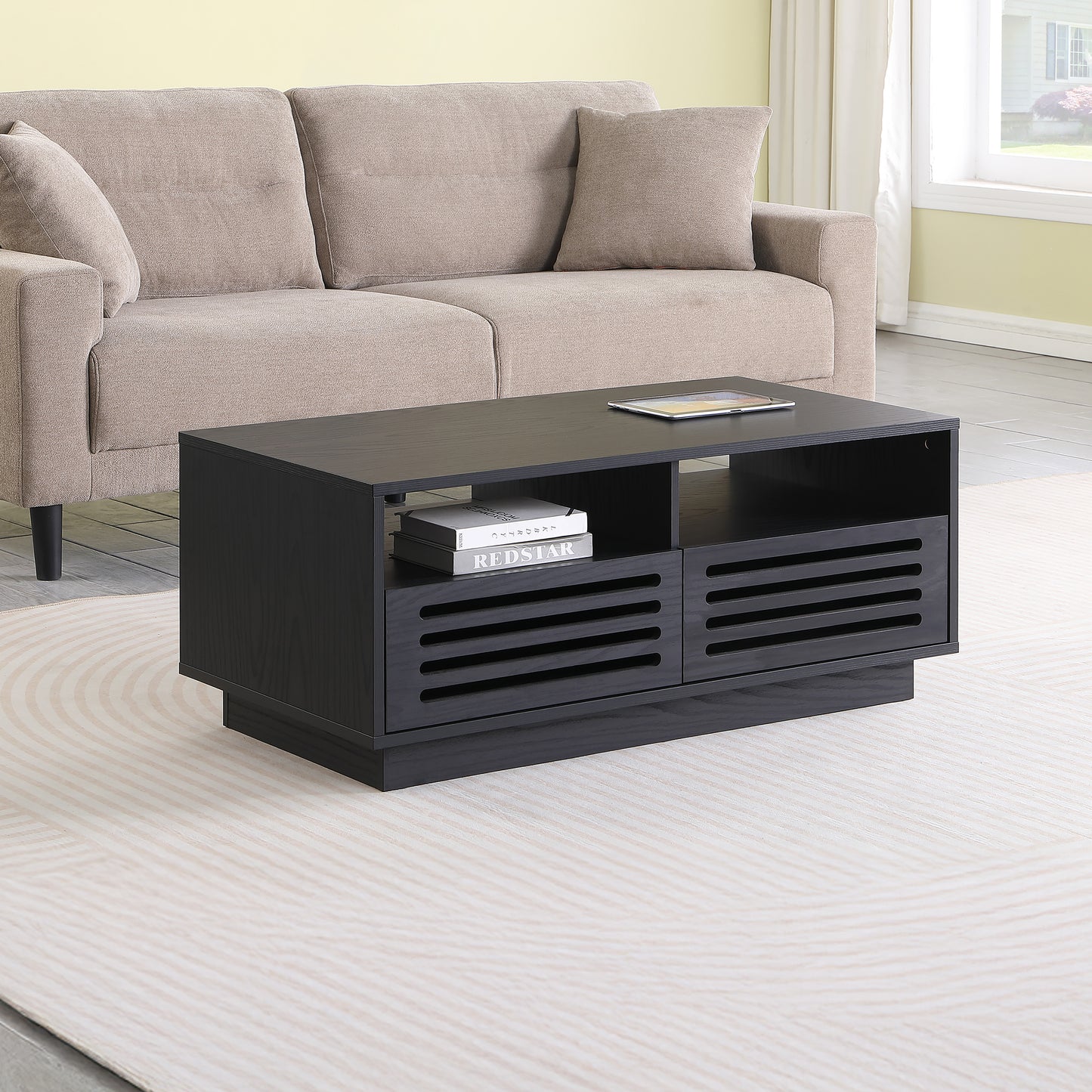 Tauris BURBANKCTBO Coffee Table – Black Oak Finish with Drawers & Shelves