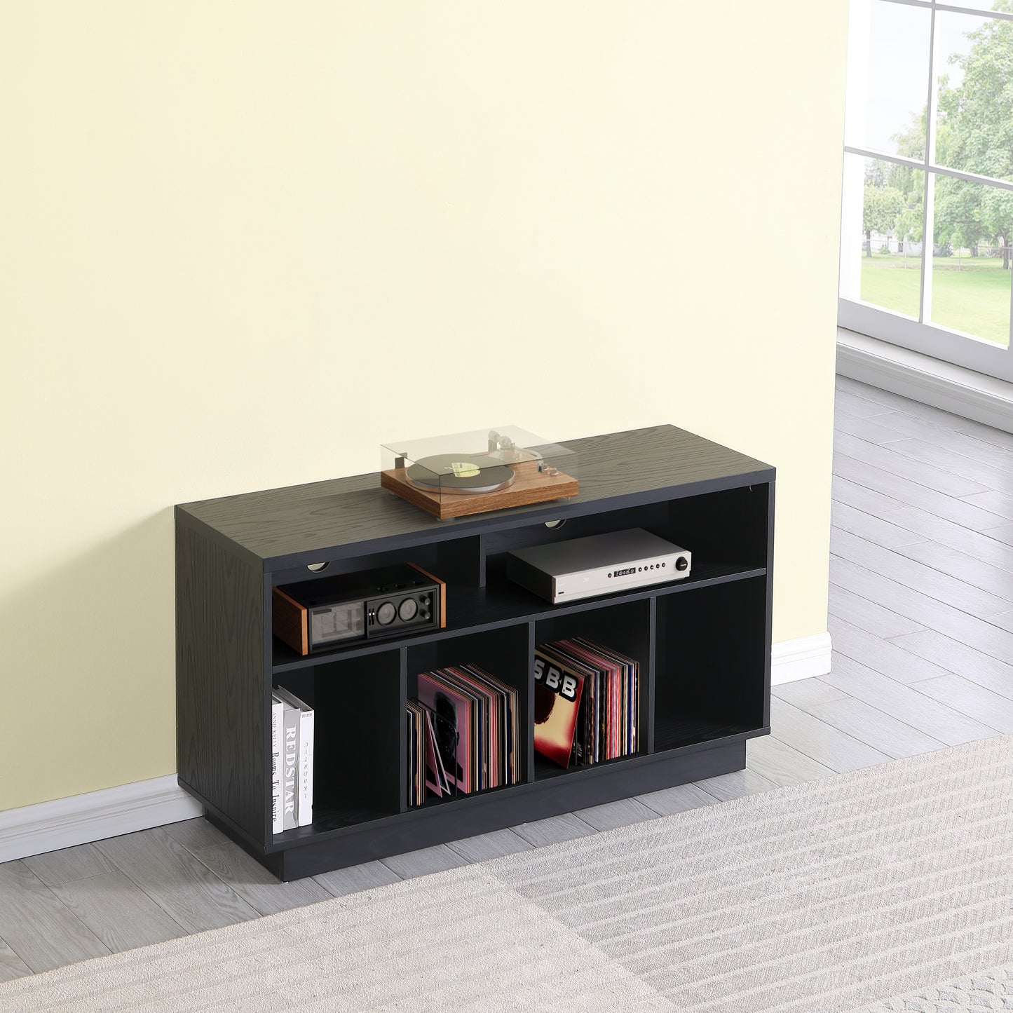 Tauris EDISON Media Stand 1200mm – Vinyl Record Storage & Component Cabinet in Black Oak Finish