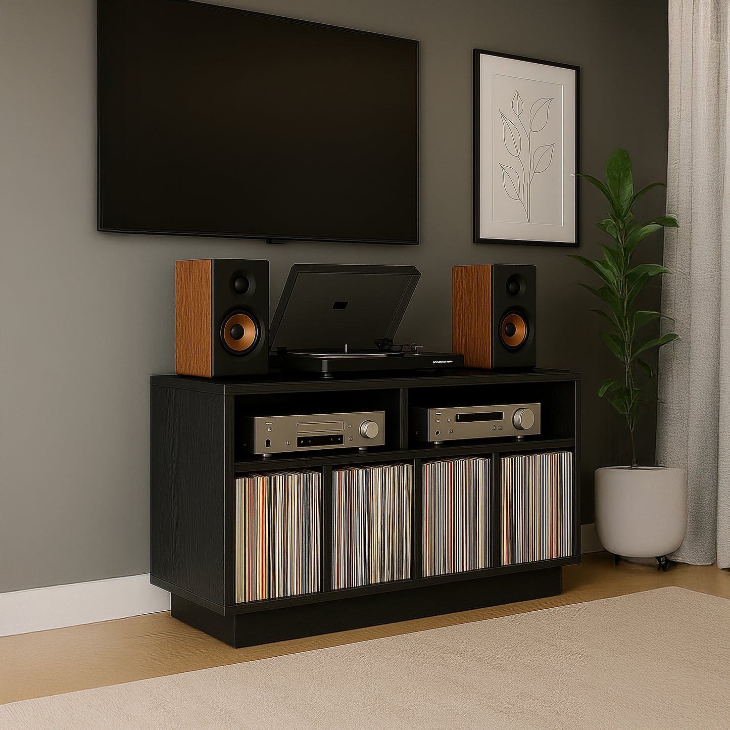 Tauris EDISON Media Stand 1200mm – Vinyl Record Storage & Component Cabinet in Black Oak Finish