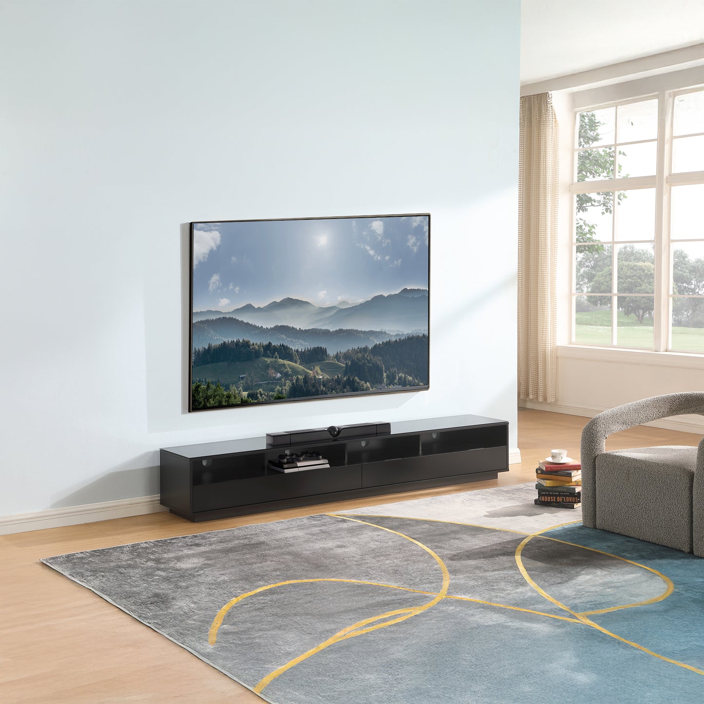 Tauris Suave Low Line TV Unit 2200mm , Sound Bar Shelf, Tempered Glass Top, Black