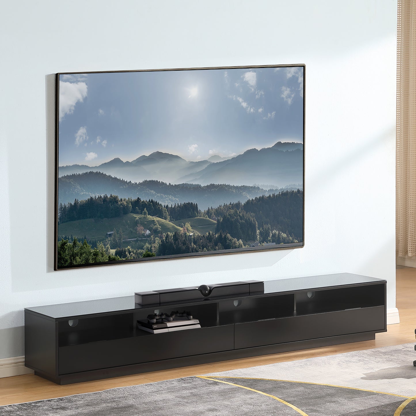 Tauris Suave Low Line TV Unit 2200mm , Sound Bar Shelf, Tempered Glass Top, Black