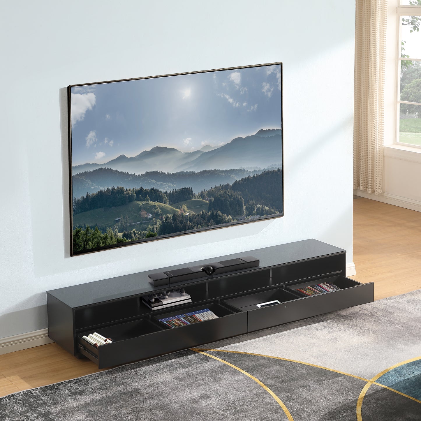 Tauris Suave Low Line TV Unit 2200mm , Sound Bar Shelf, Tempered Glass Top, Black