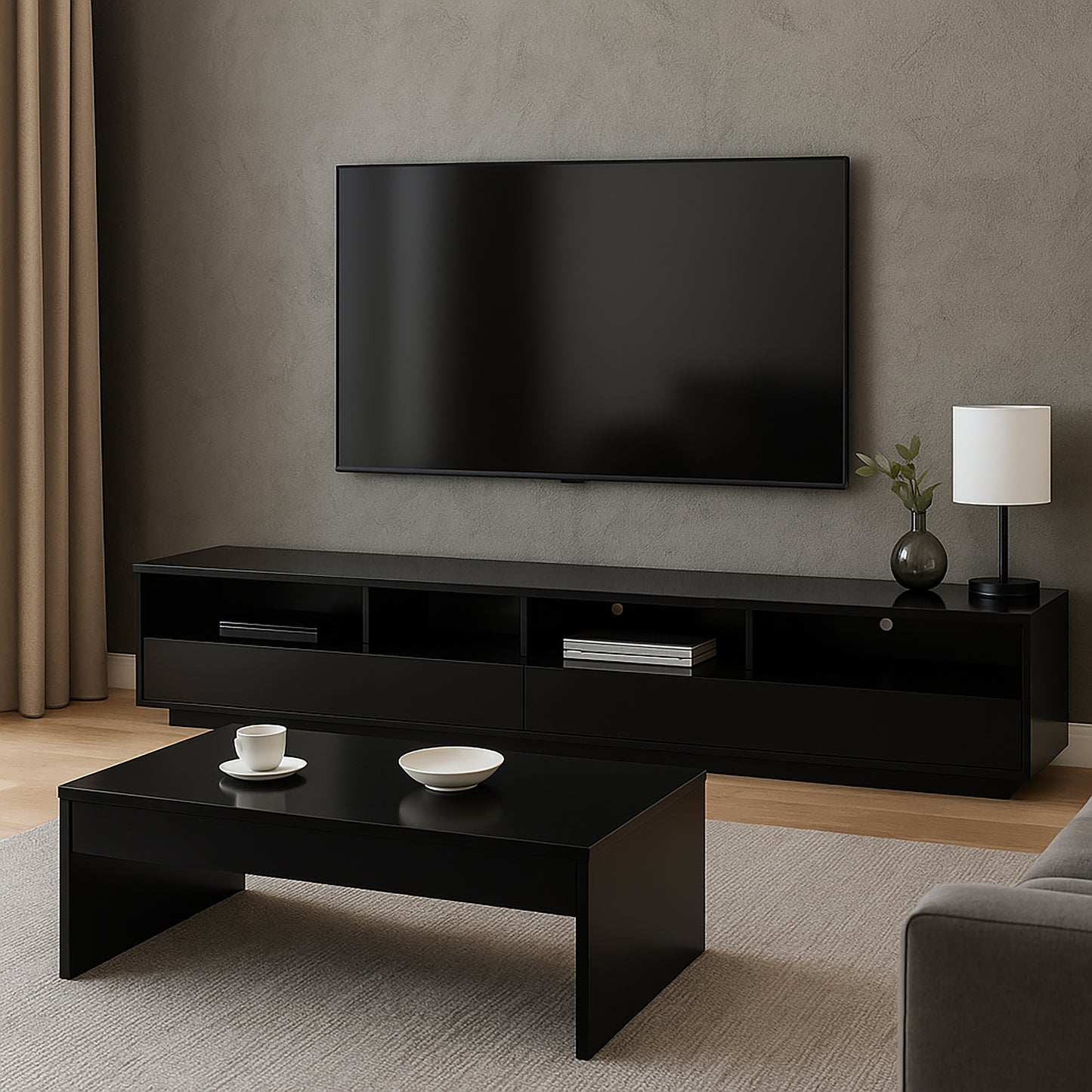 Tauris Suave Low Line TV Unit 2200mm , Sound Bar Shelf, Tempered Glass Top, Black