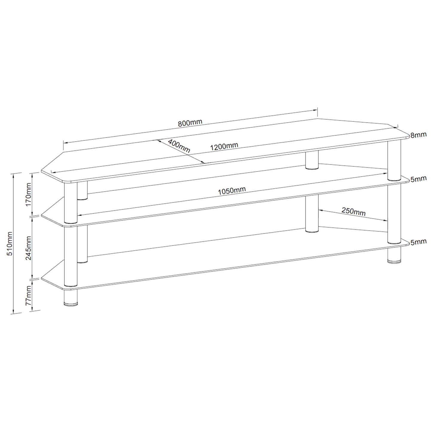 Tauris ACE TV Unit – 1200mm Black Glass Entertainment Stand with Chrome Accents