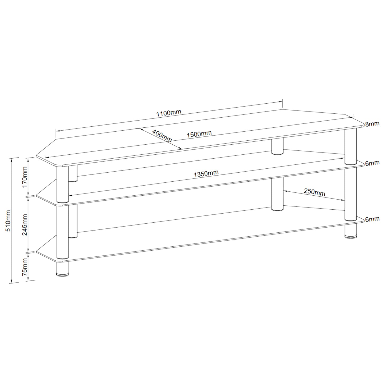 Tauris ACE Entertainment Center, TV Stand, Entertainment Unit 1500mm Tempered Glass and Steel Unit Black