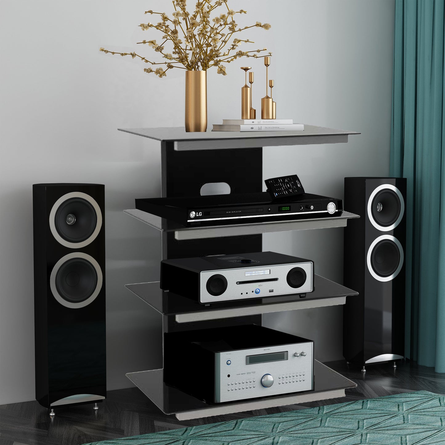 Tauris Gamma Media Storage Cabinets & Racks, Hi Fi Rack 785mm Four Open Shelves, Grey Shelf Supports Tempered Glass, Black