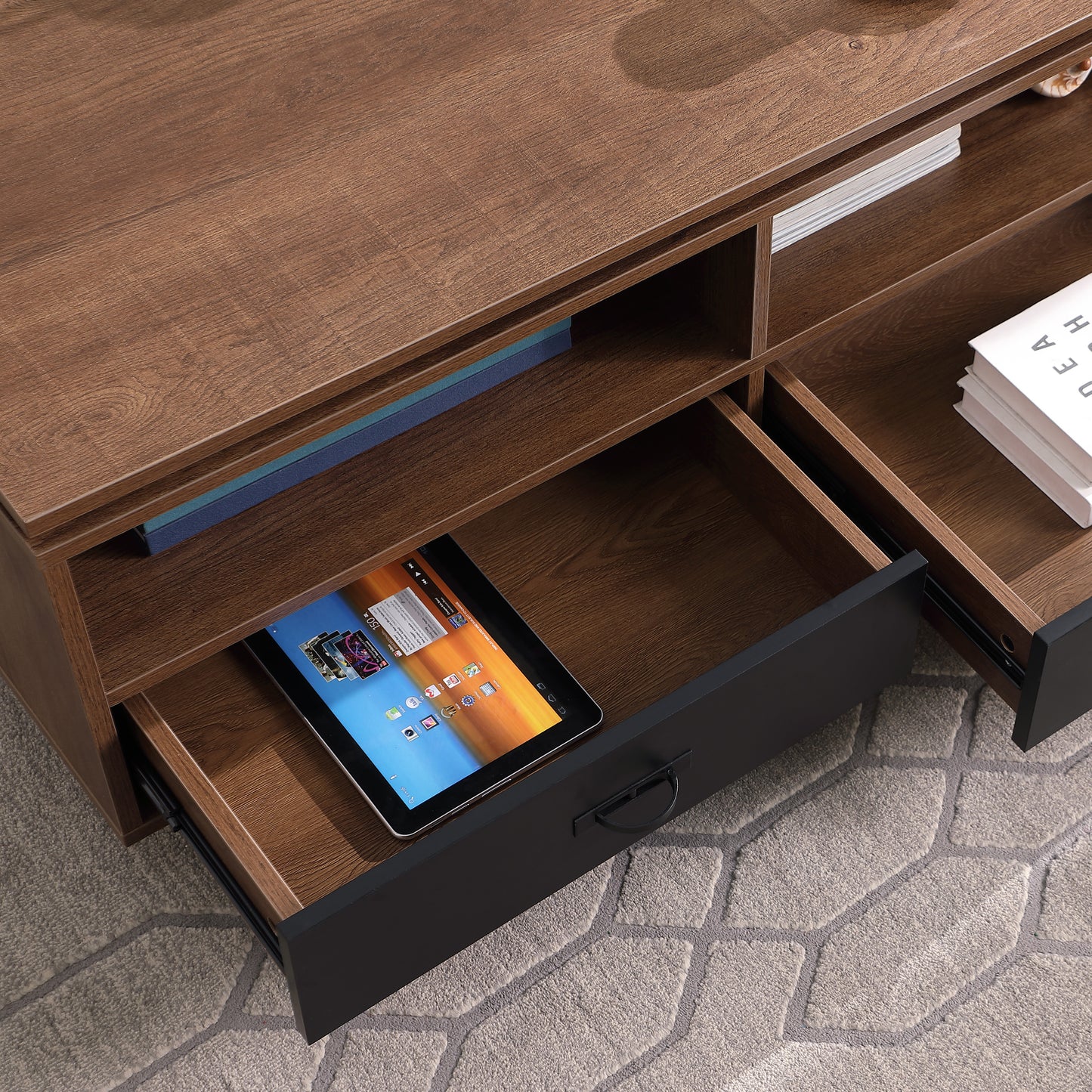 Tauris Hollywood Coffee Tables 1100mm Two Drawers, Two Storage Shelves, Dark Oak