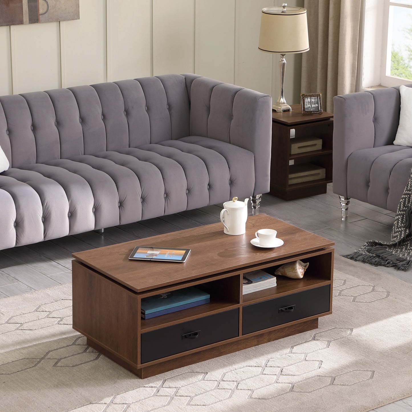 Tauris Hollywood Coffee Tables 1100mm Two Drawers, Two Storage Shelves, Dark Oak