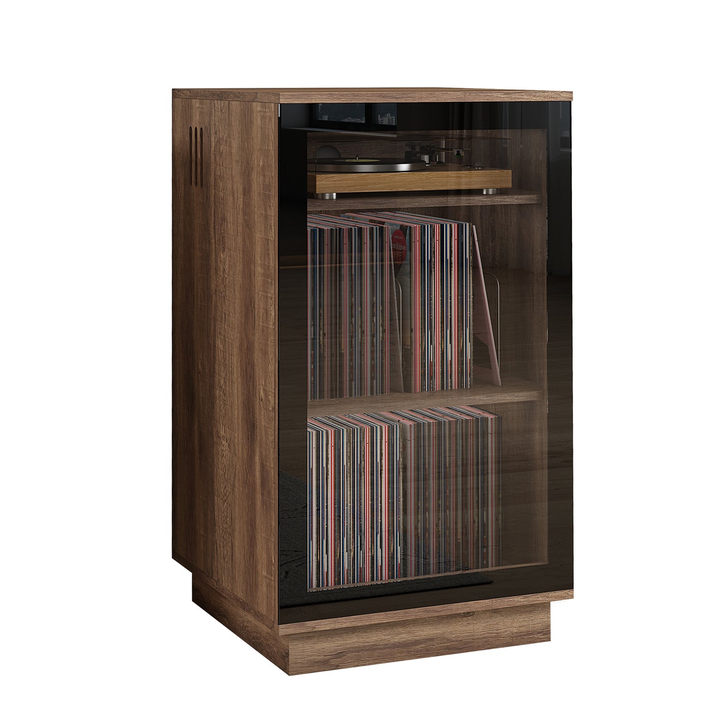 Tauris Hollywood Media Storage Cabinet, Lift Up Turntable Shelf, Vinyl Record Storage Racks, Tempered Glass, Dark Oak