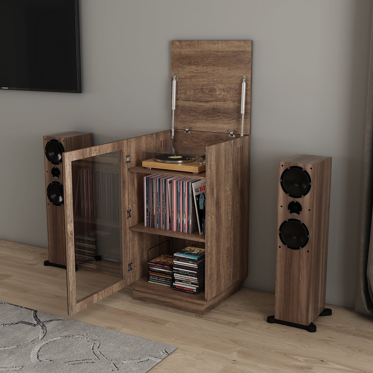 Tauris Hollywood Media Storage Cabinet, Lift Up Turntable Shelf, Vinyl Record Storage Racks, Tempered Glass, Dark Oak