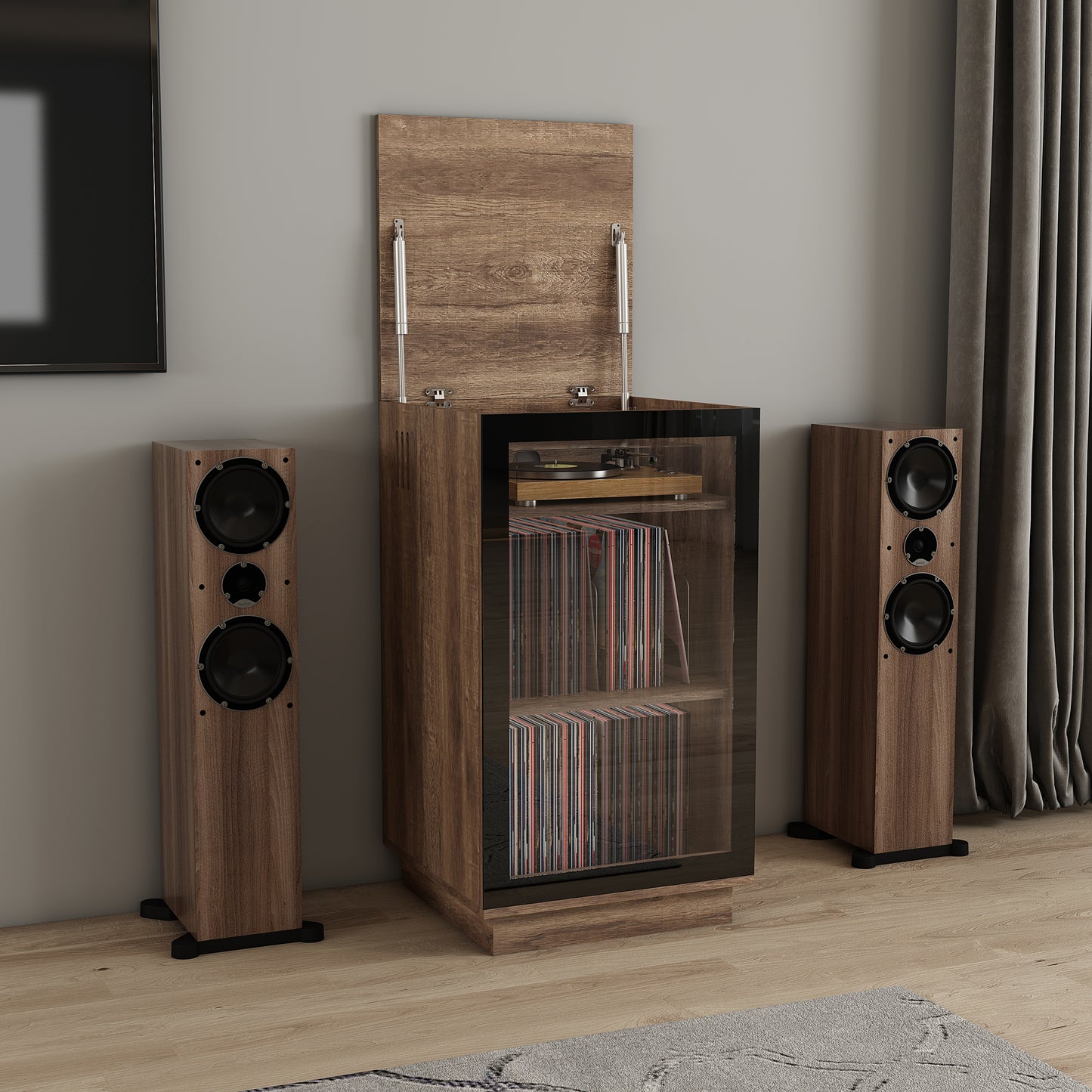 Tauris Hollywood Media Storage Cabinet, Lift Up Turntable Shelf, Vinyl Record Storage Racks, Tempered Glass, Dark Oak