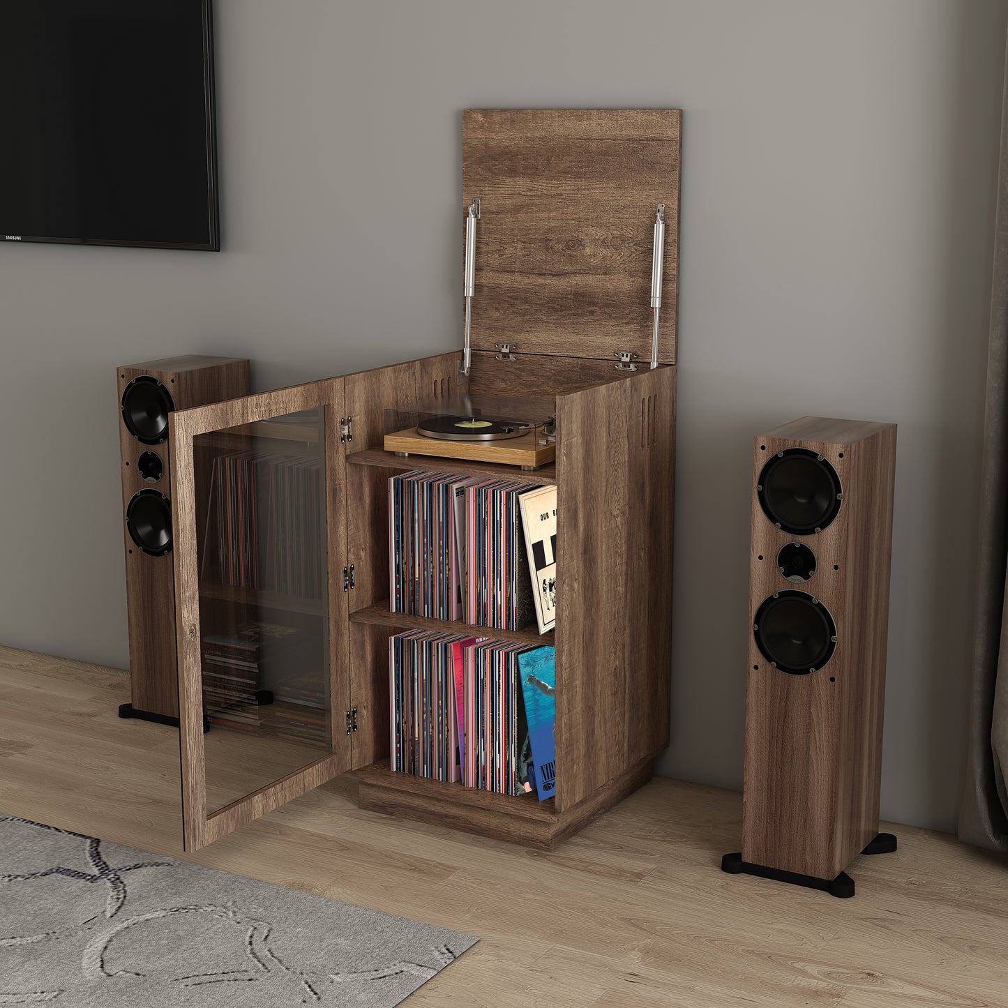 Tauris Hollywood Media Storage Cabinet, Lift Up Turntable Shelf, Vinyl Record Storage Racks, Tempered Glass, Dark Oak