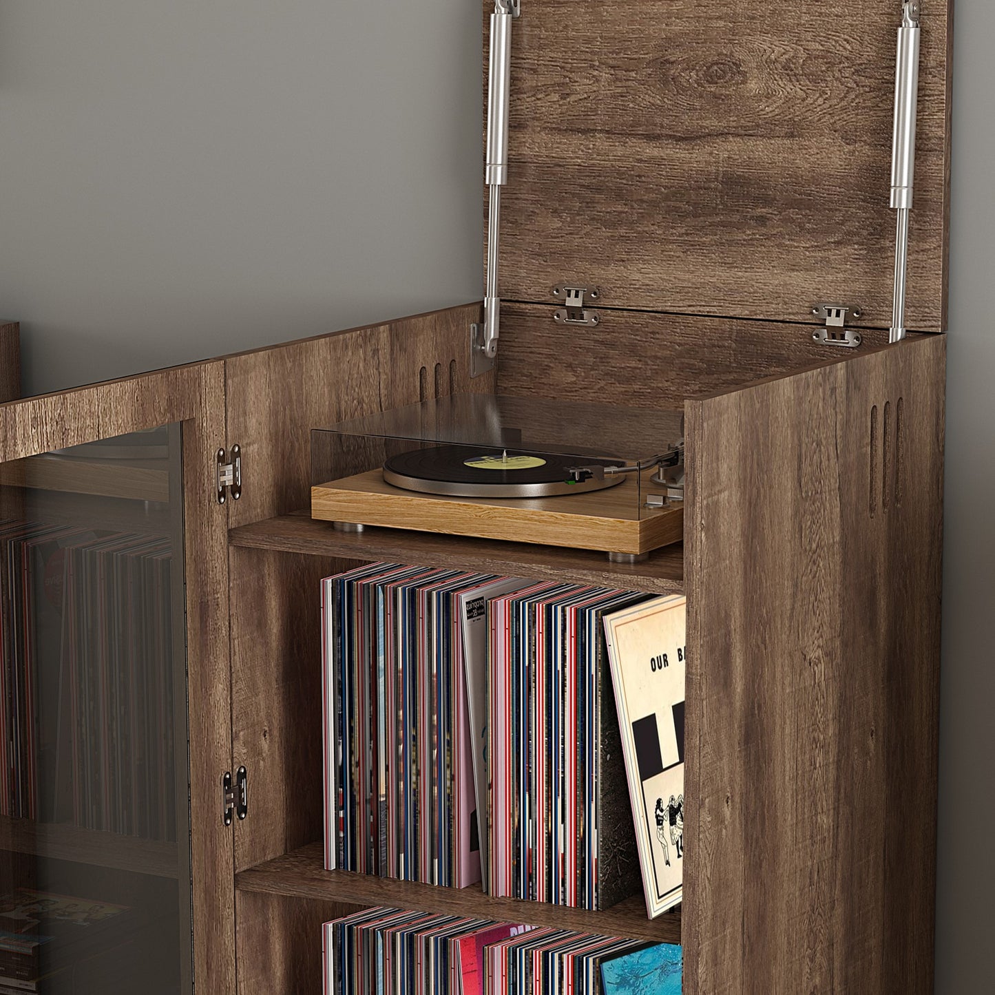 Tauris Hollywood Media Storage Cabinet, Lift Up Turntable Shelf, Vinyl Record Storage Racks, Tempered Glass, Dark Oak