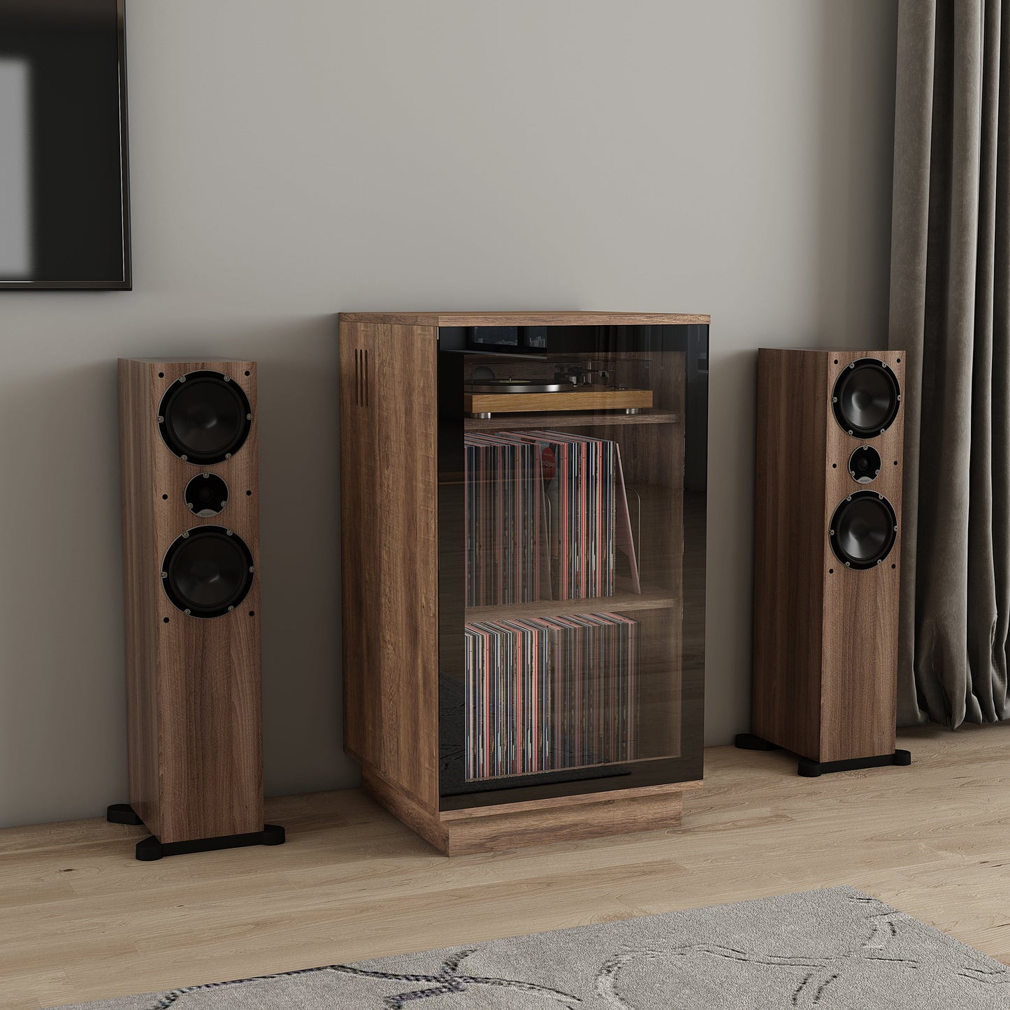 Tauris Hollywood Media Storage Cabinet, Lift Up Turntable Shelf, Vinyl Record Storage Racks, Tempered Glass, Dark Oak