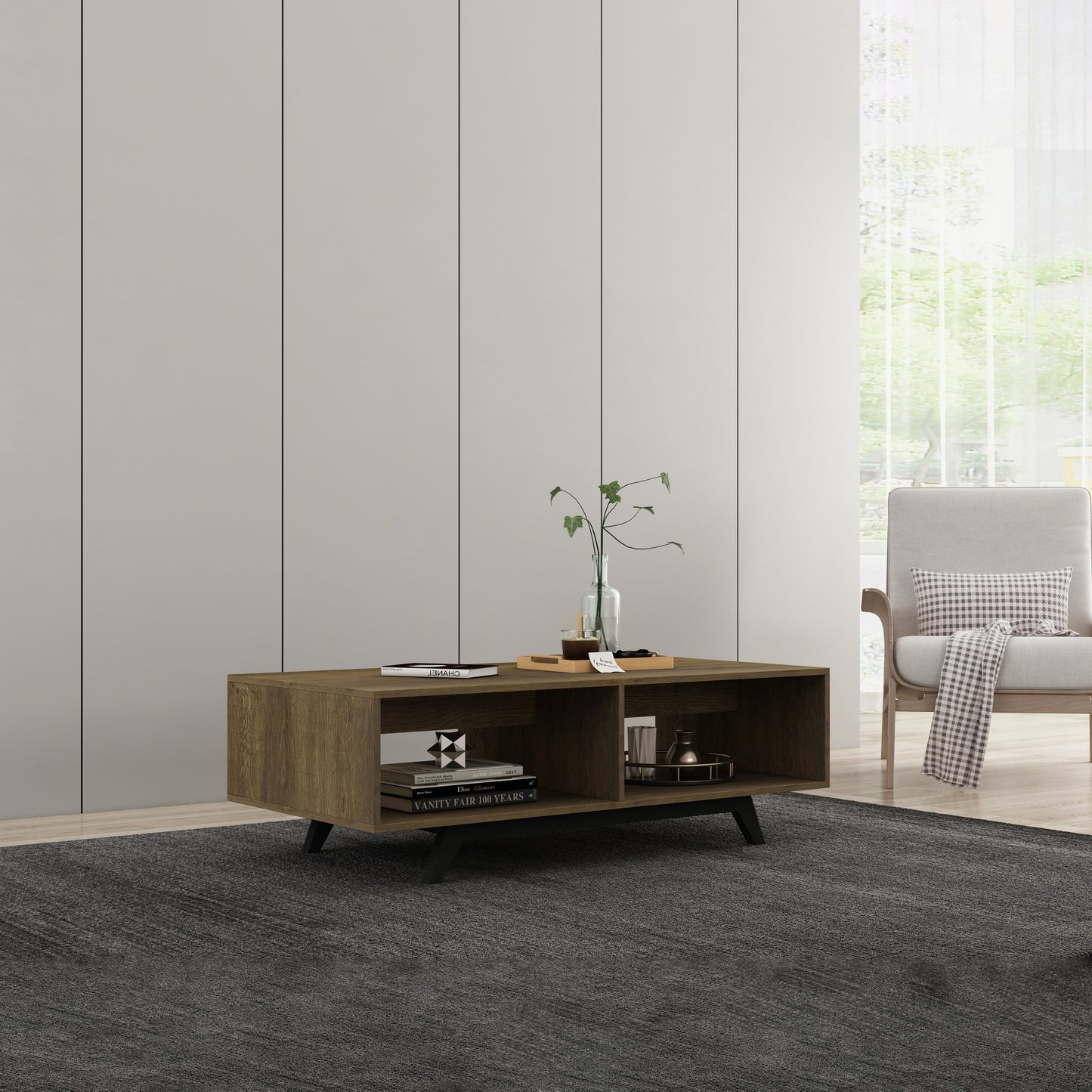 Tauris Metro Coffee Tables 1200mm Two Open Shelves, Solid Rubber Wood Legs, Dark Oak