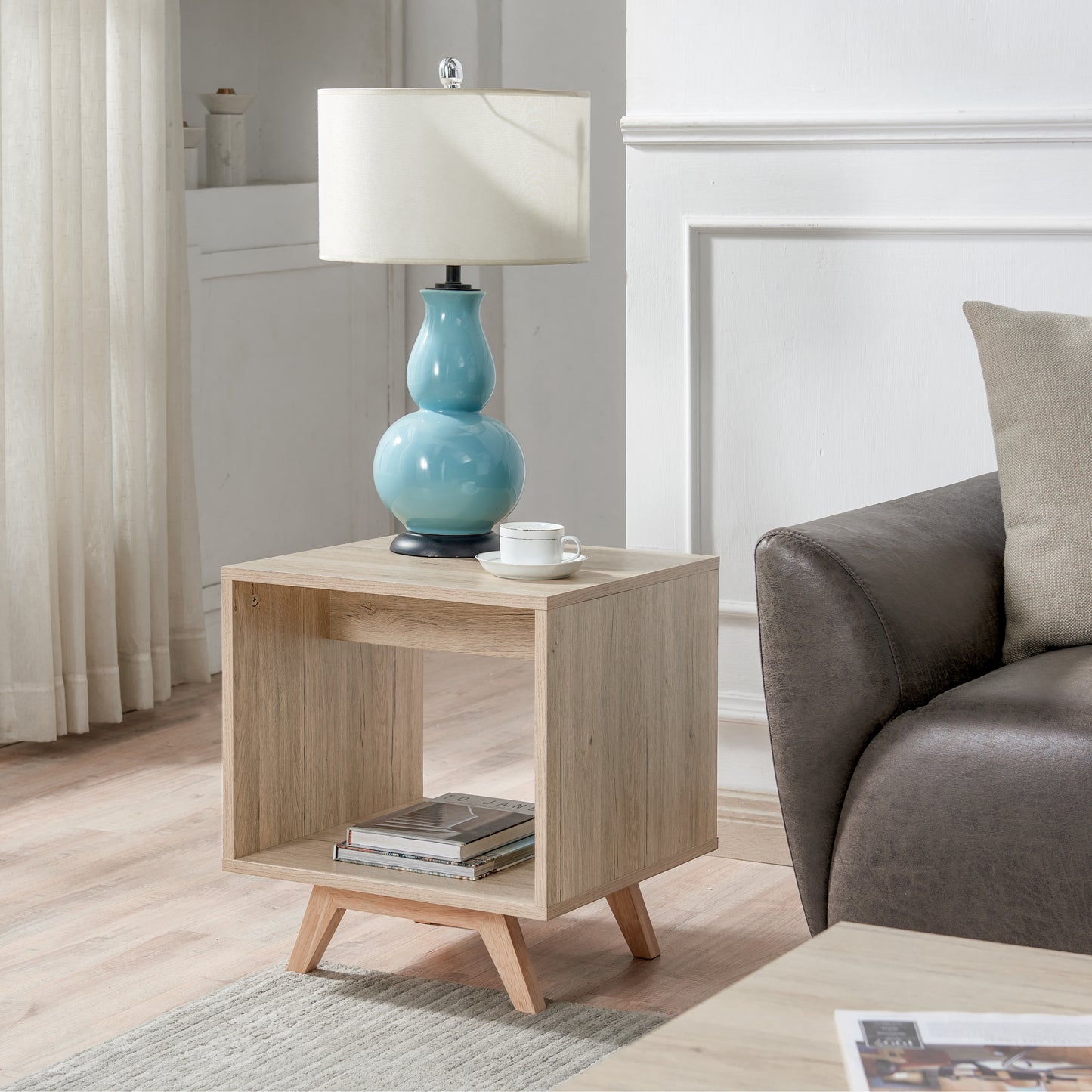 Tauris Metro End Table 450mm One Open Shelf, Solid Rubber Wood Legs, Oak