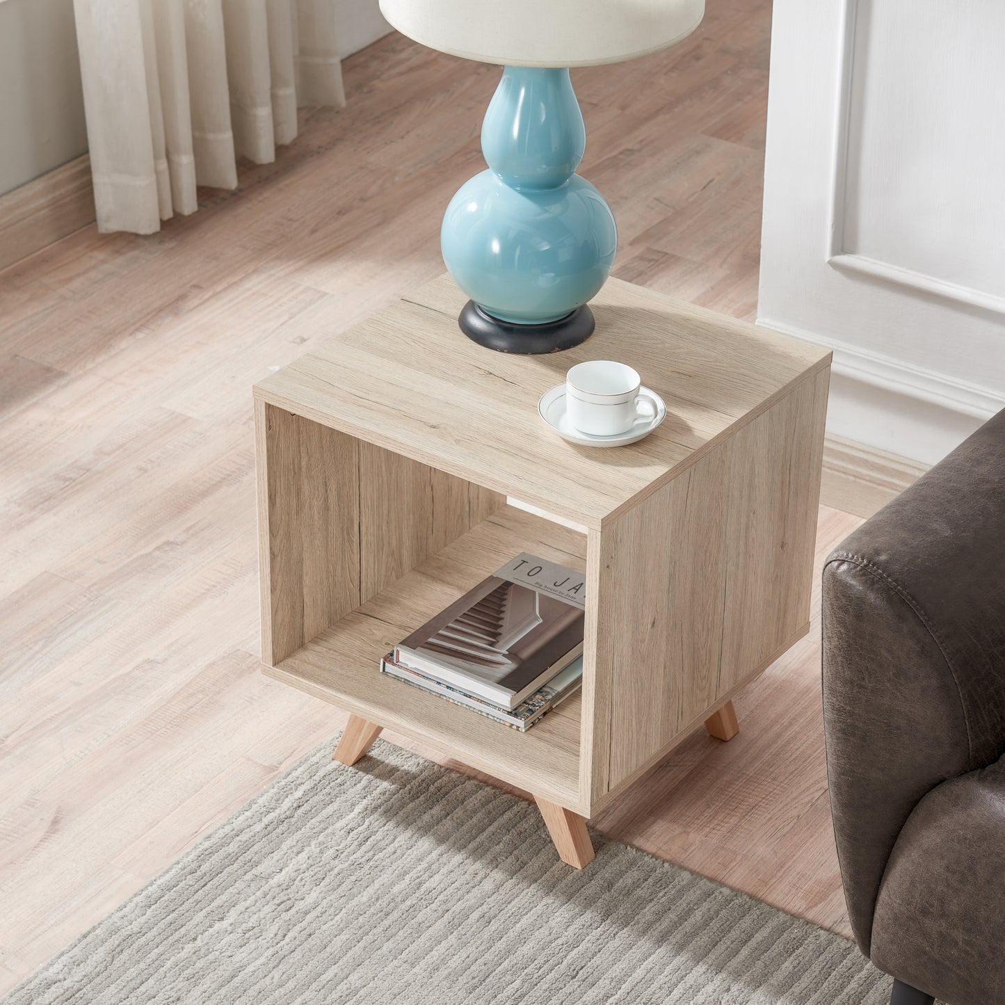 Tauris Metro End Table 450mm One Open Shelf, Solid Rubber Wood Legs, Oak