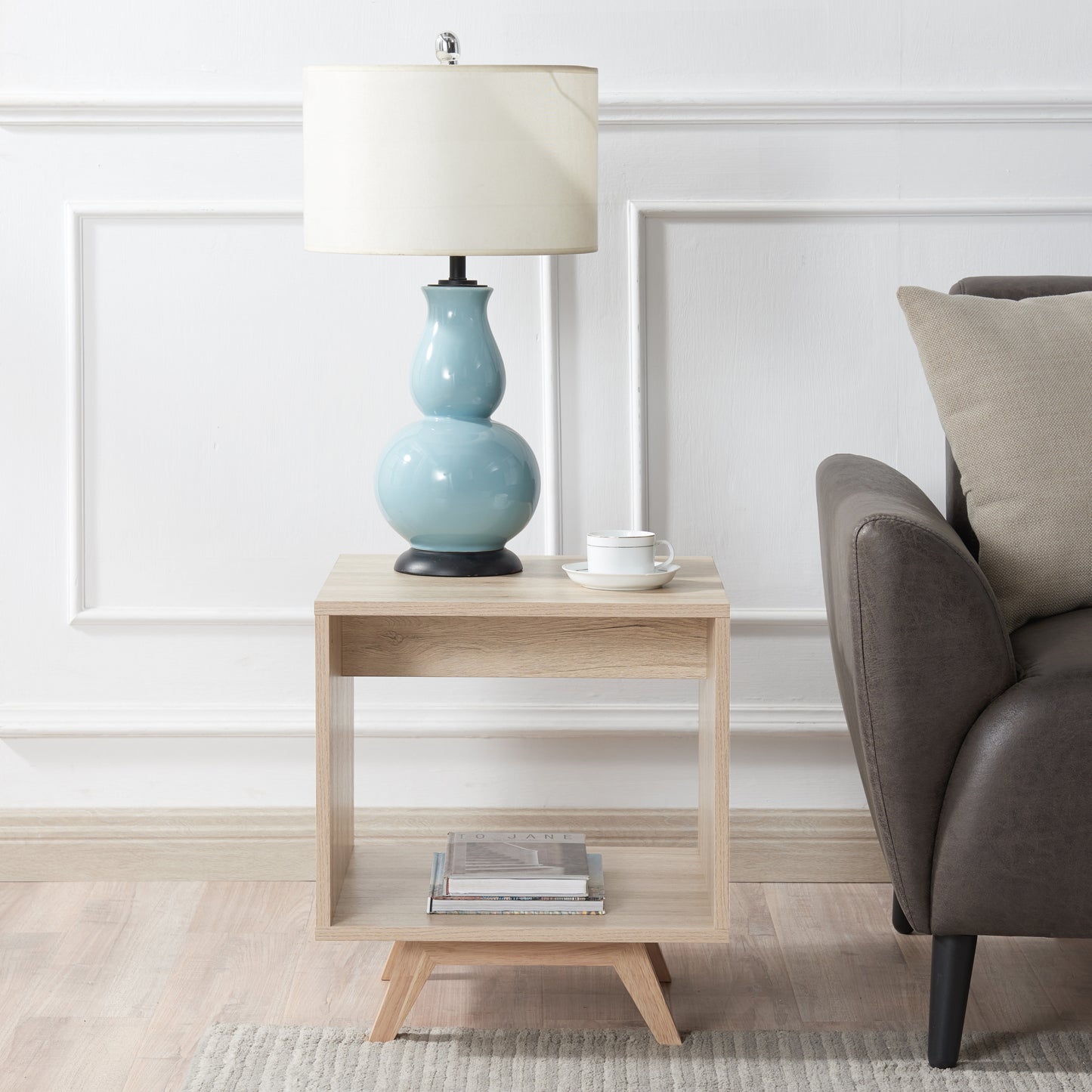 Tauris Metro End Table 450mm One Open Shelf, Solid Rubber Wood Legs, Oak