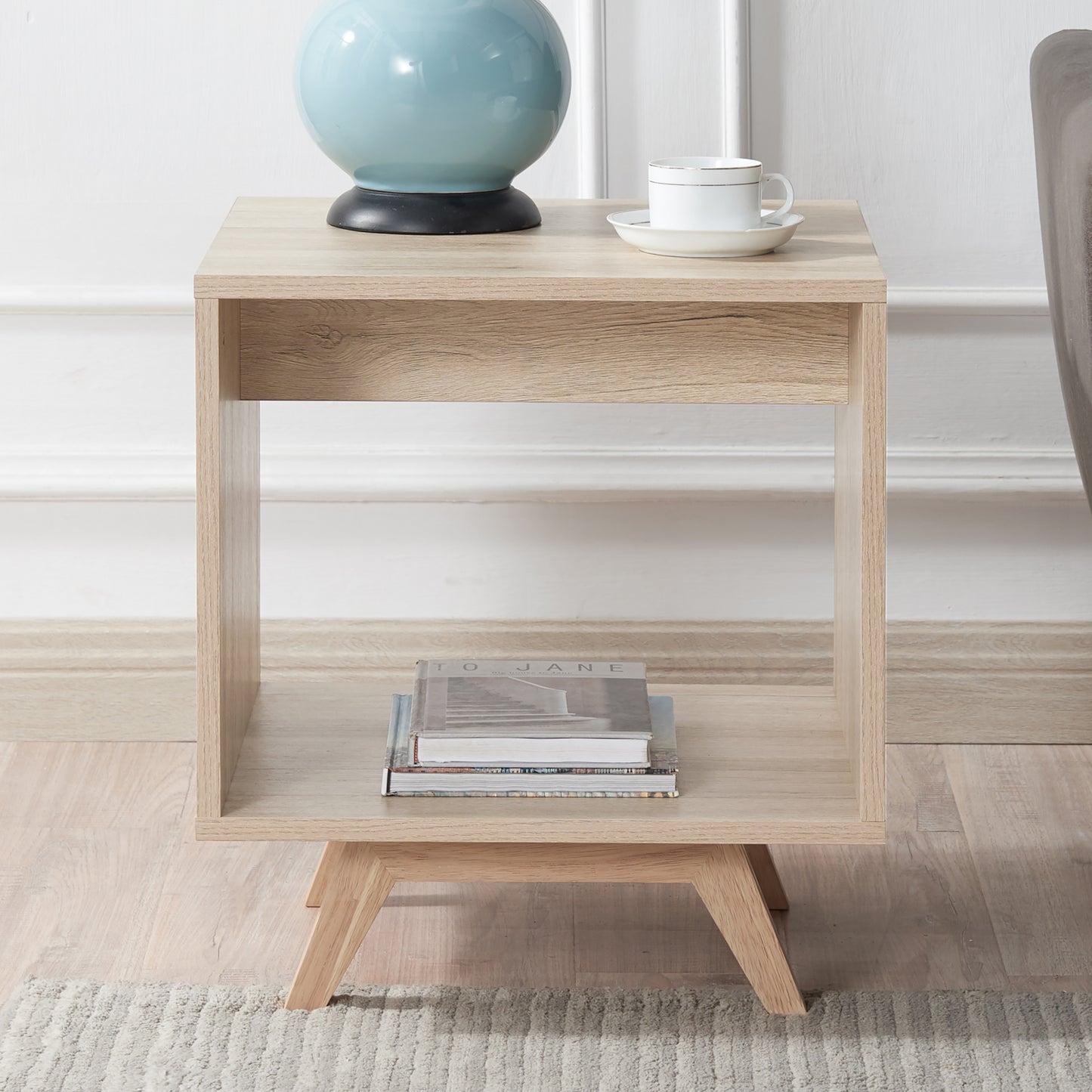 Tauris Metro End Table 450mm One Open Shelf, Solid Rubber Wood Legs, Oak