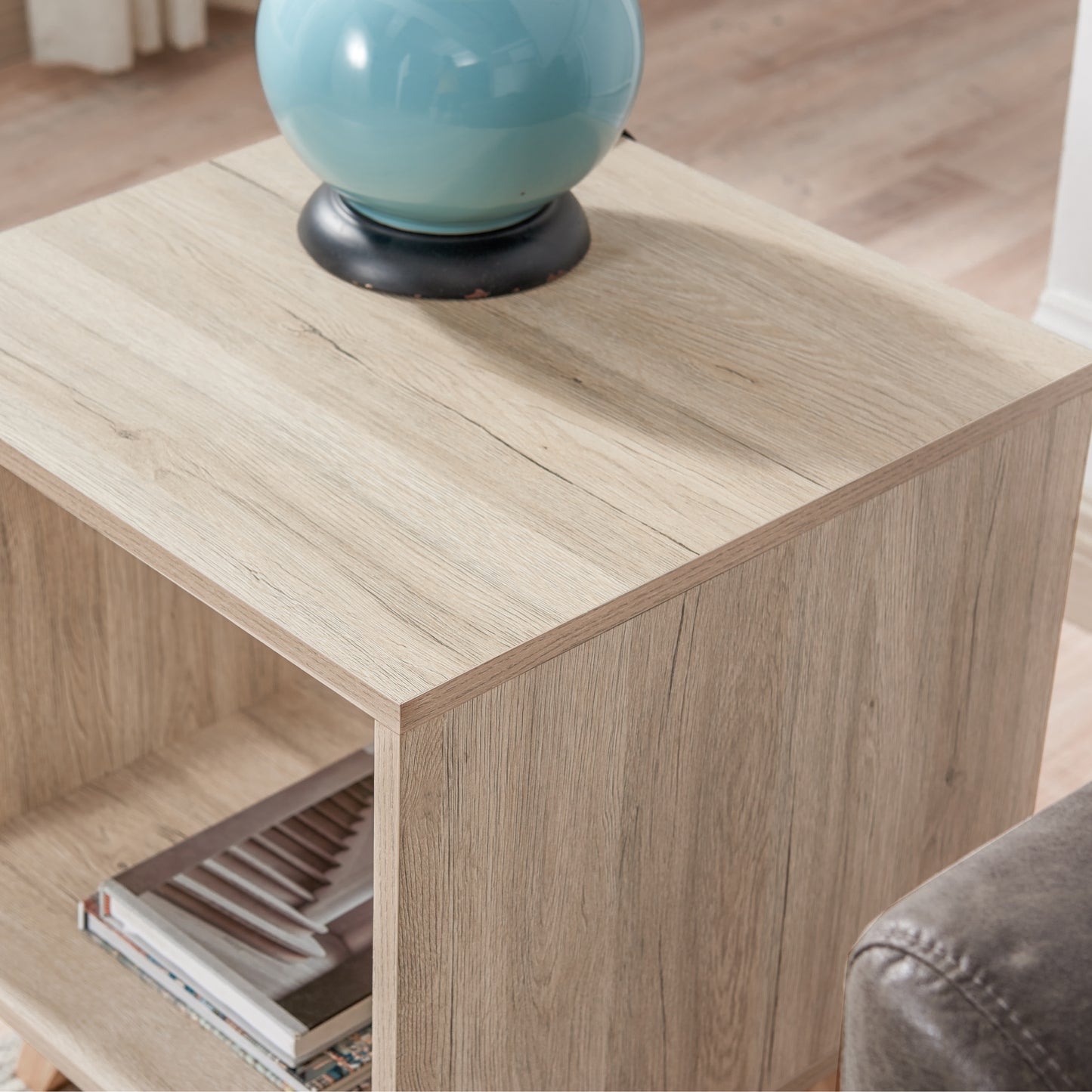 Tauris Metro End Table 450mm One Open Shelf, Solid Rubber Wood Legs, Oak