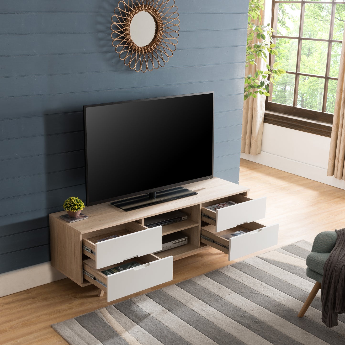 Tauris Nova Entertainment Center, TV Stand, Entertainment Unit 1500mm Scandinavian Inspired Design, Solid Rubber Wood Legs Oak