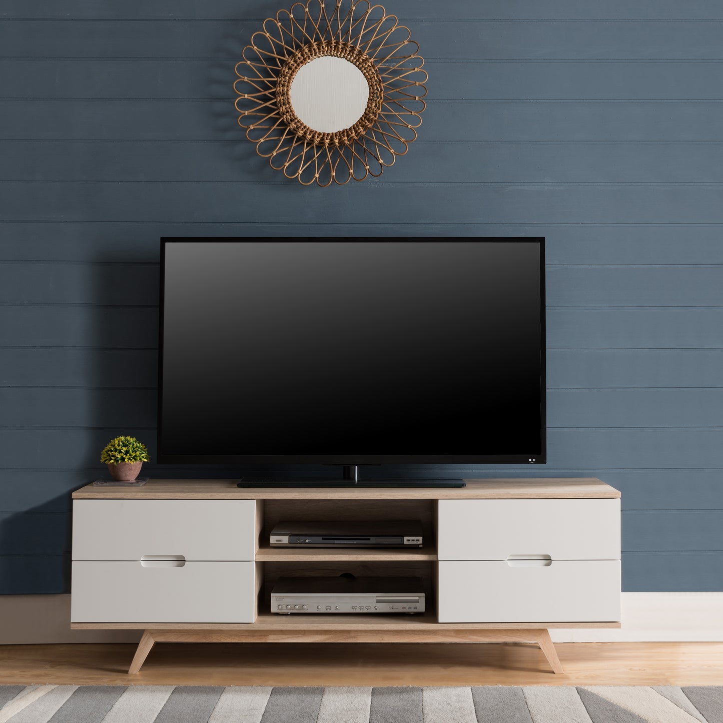 Tauris Nova Entertainment Center, TV Stand, Entertainment Unit 1500mm Scandinavian Inspired Design, Solid Rubber Wood Legs Oak