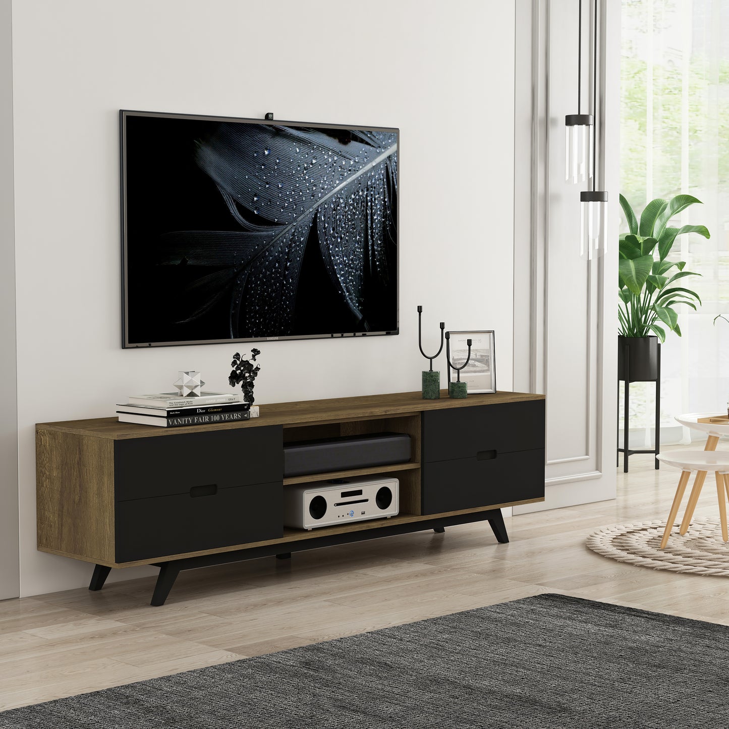 Tauris Nova Entertainment Center, TV Stand, Entertainment Unit 1800mm Scandinavian Inspired Design, Solid Rubber Wood Legs Dark Oak