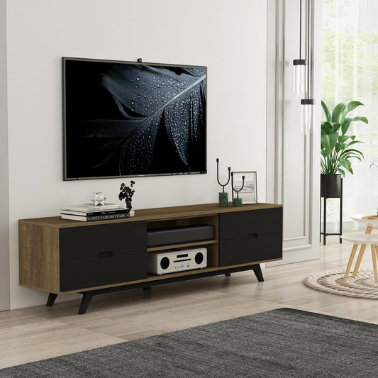 Tauris Nova Entertainment Center, TV Stand, Entertainment Unit 1800mm Scandinavian Inspired Design, Solid Rubber Wood Legs Dark Oak