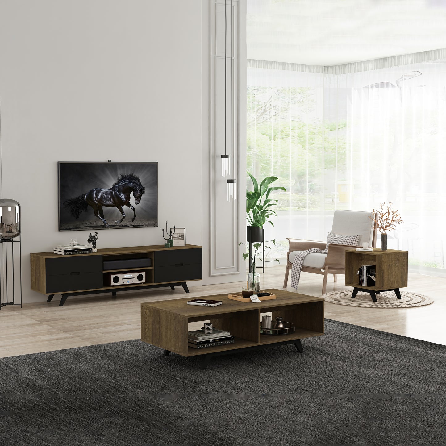 Tauris Nova Entertainment Center, TV Stand, Entertainment Unit 1800mm Scandinavian Inspired Design, Solid Rubber Wood Legs Dark Oak
