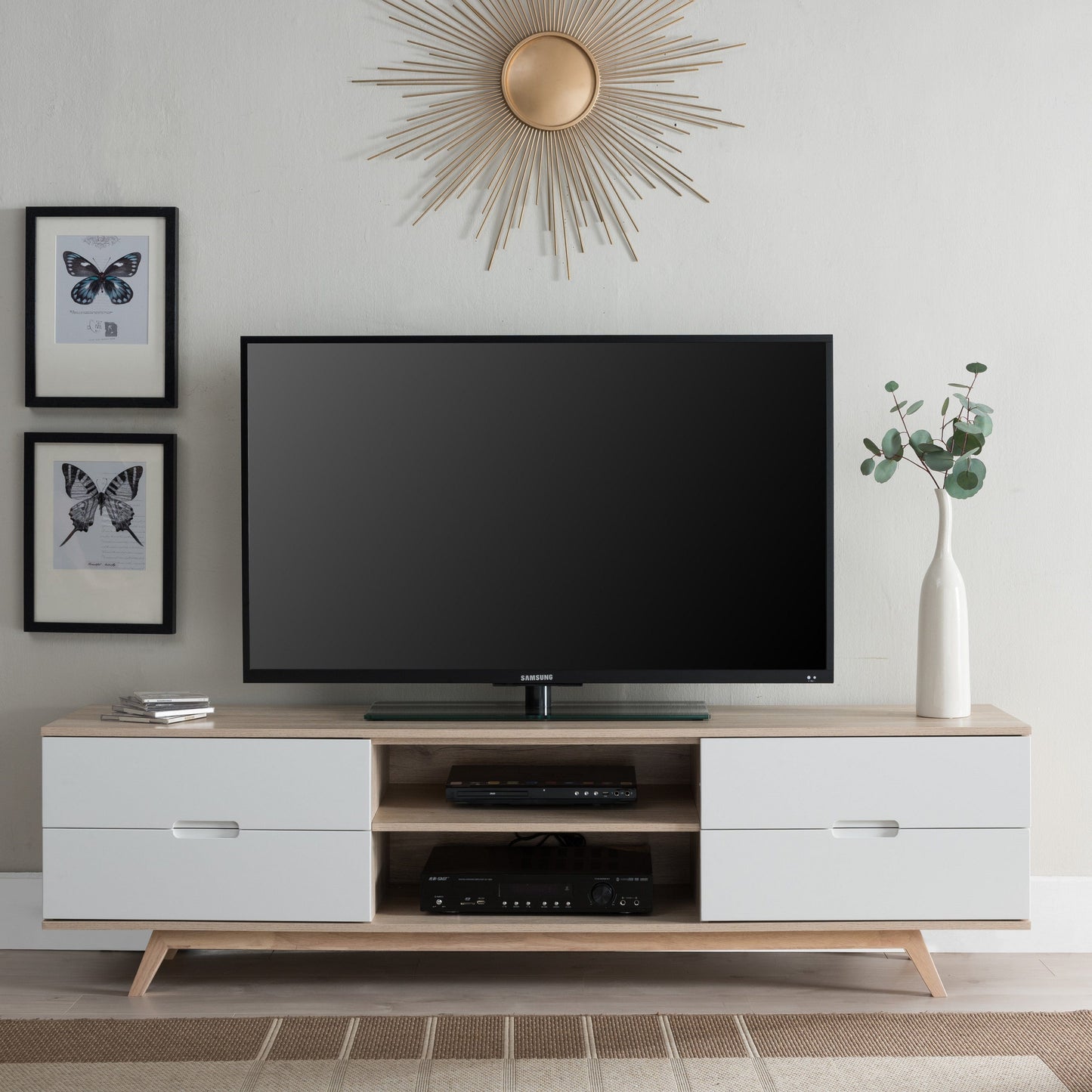 Tauris Nova Entertainment Center, TV Stand, Entertainment Unit 1800mm Scandinavian Inspired Design, Solid Rubber Wood Legs Oak