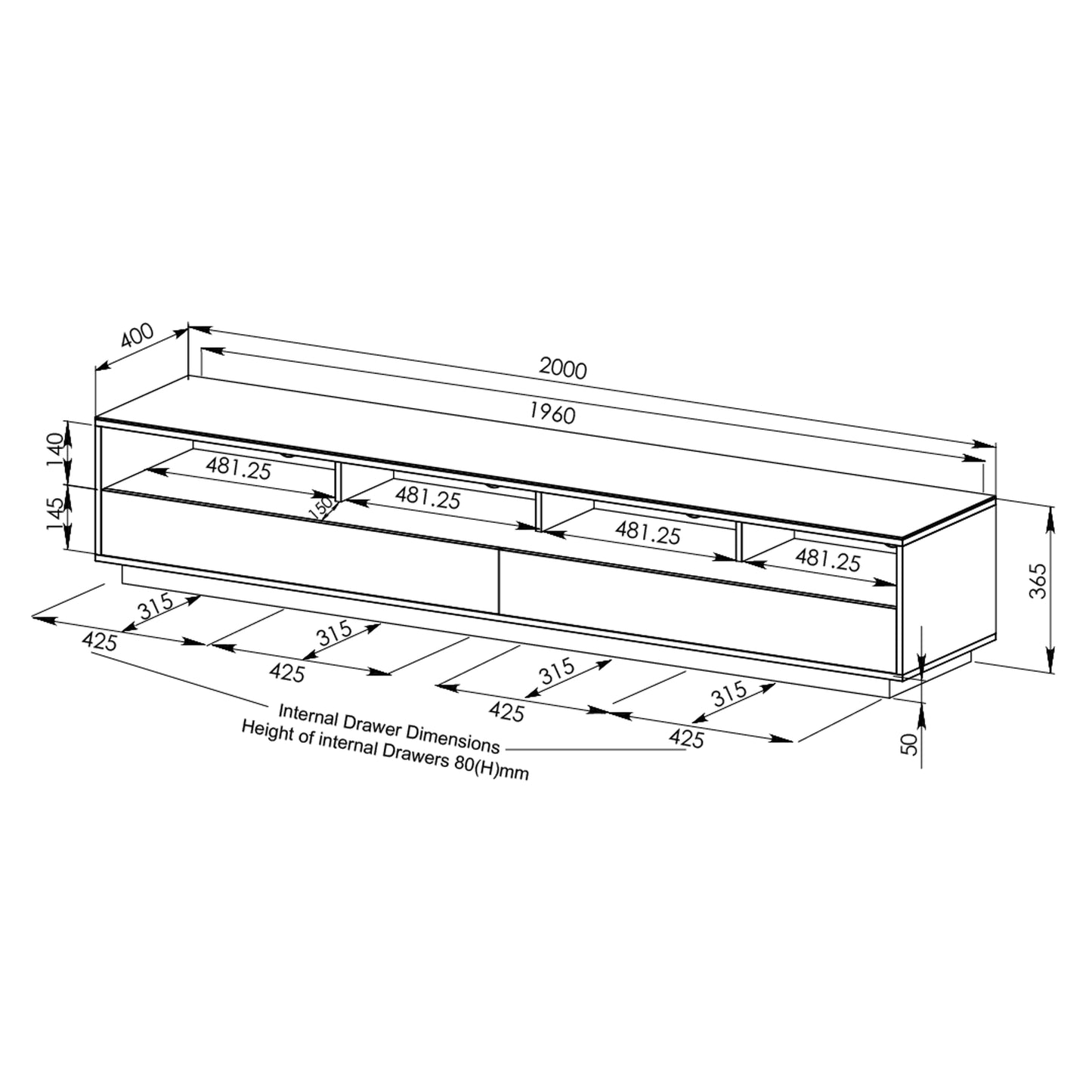 Tauris Suave Entertainment Center, TV Cabinet, Entertainment Unit 2000mm Low Line, Sound Bar Shelf, Dark Oak