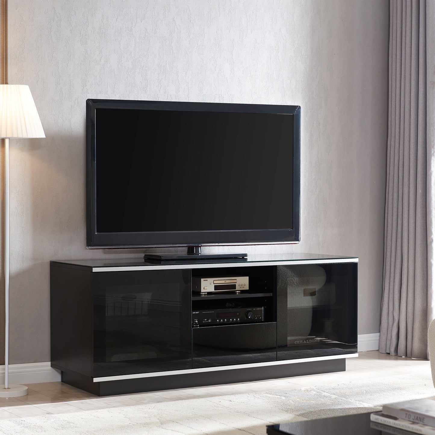 Tauris Titan Entertainment Center, TV Cabinet, Entertainment Unit 1500mm Two Component Spaces Tempered Glass, Black