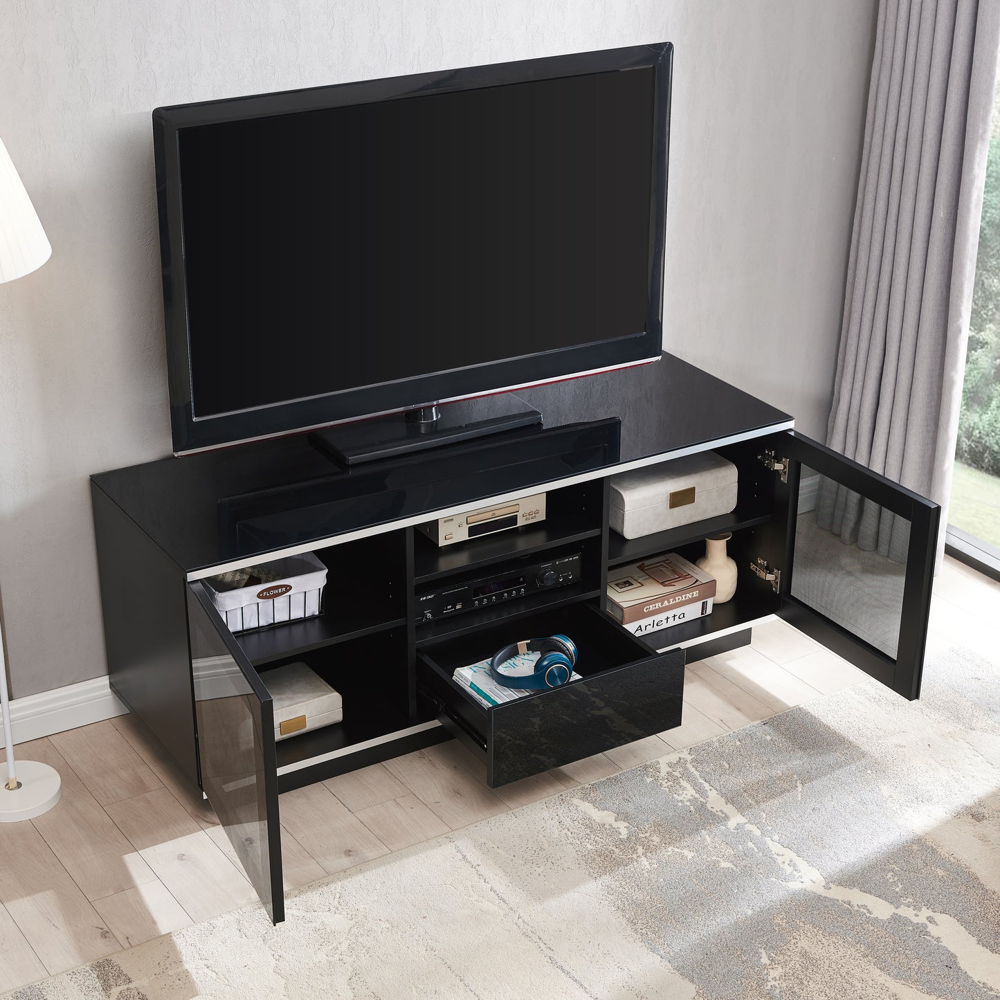 Tauris Titan Entertainment Center, TV Cabinet, Entertainment Unit 1500mm Two Component Spaces Tempered Glass, Black