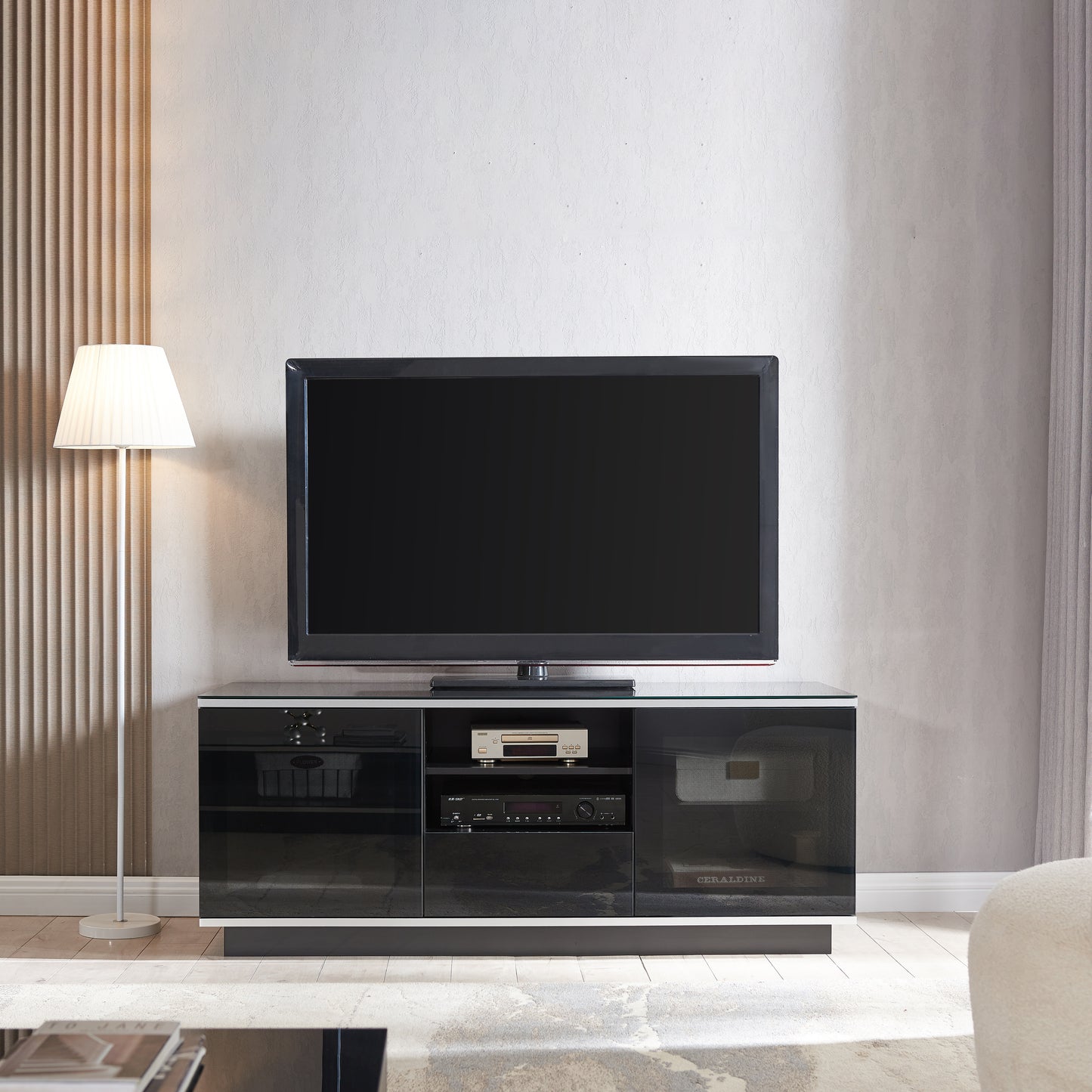 Tauris Titan Entertainment Center, TV Cabinet, Entertainment Unit 1500mm Two Component Spaces Tempered Glass, Black