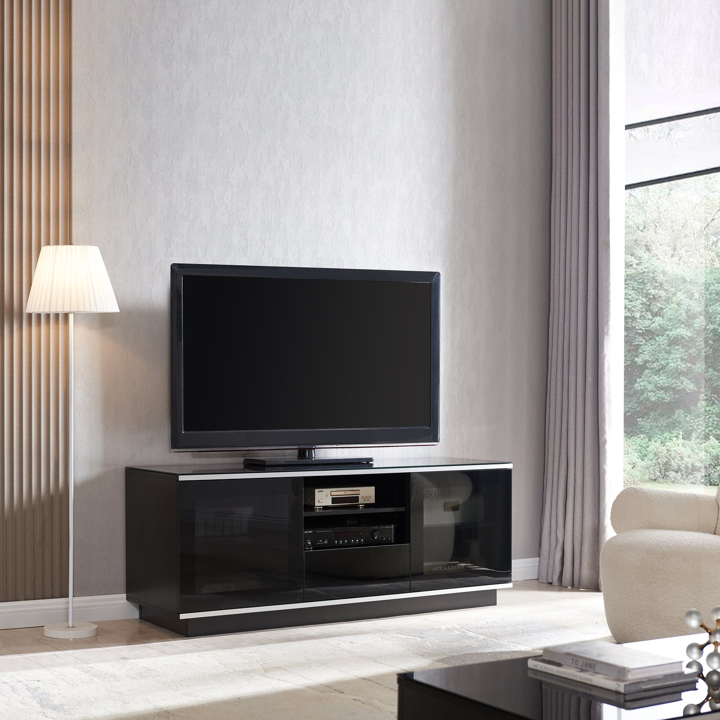 Tauris Titan Entertainment Center, TV Cabinet, Entertainment Unit 1500mm Two Component Spaces Tempered Glass, Black