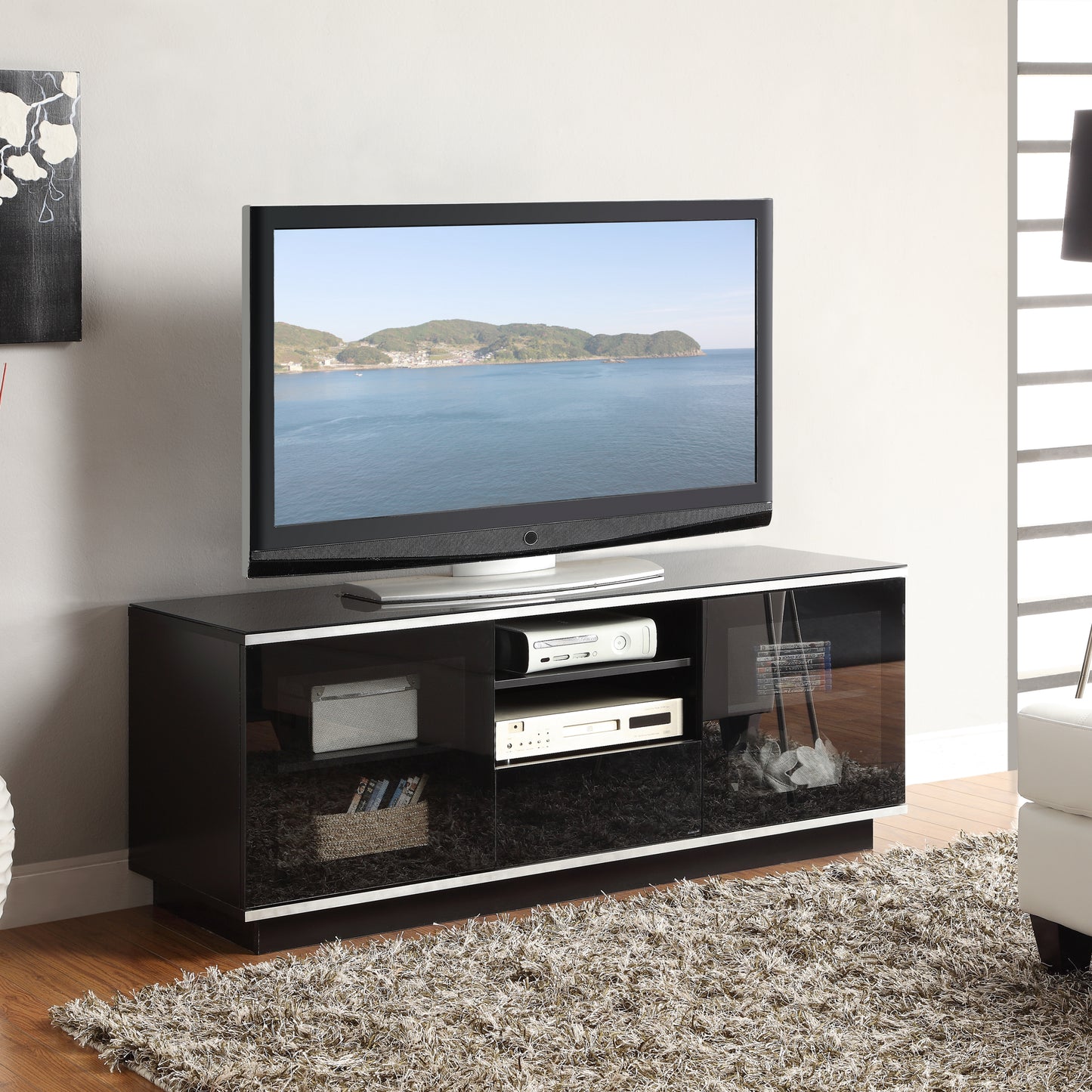 Tauris Titan Entertainment Center, TV Cabinet, Entertainment Unit 1500mm Two Component Spaces Tempered Glass, Black