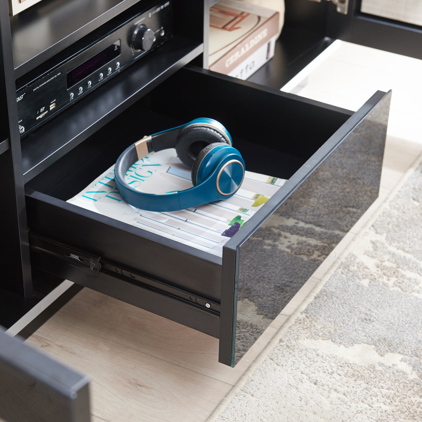 Tauris Titan Entertainment Center, TV Cabinet, Entertainment Unit 1500mm Two Component Spaces Tempered Glass, Black