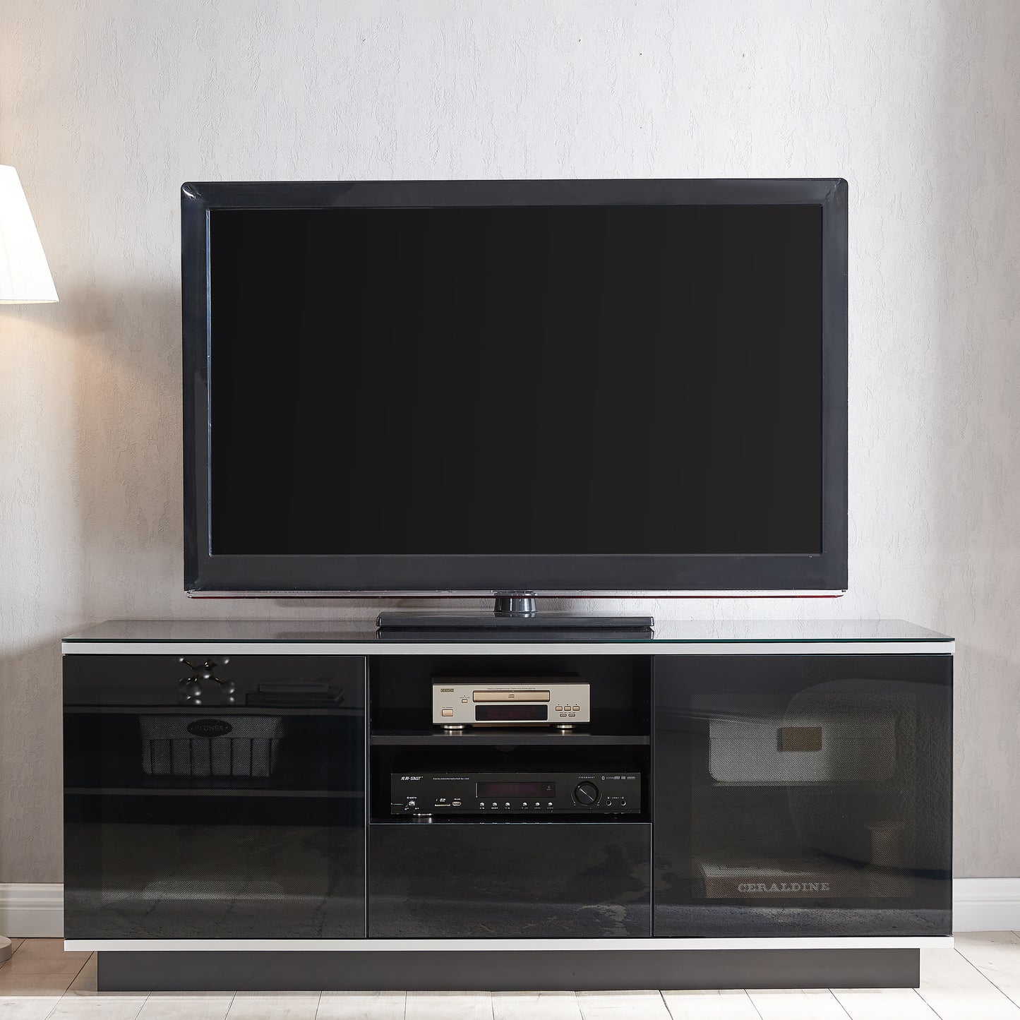 Tauris Titan Entertainment Center, TV Cabinet, Entertainment Unit 1500mm Two Component Spaces Tempered Glass, Black