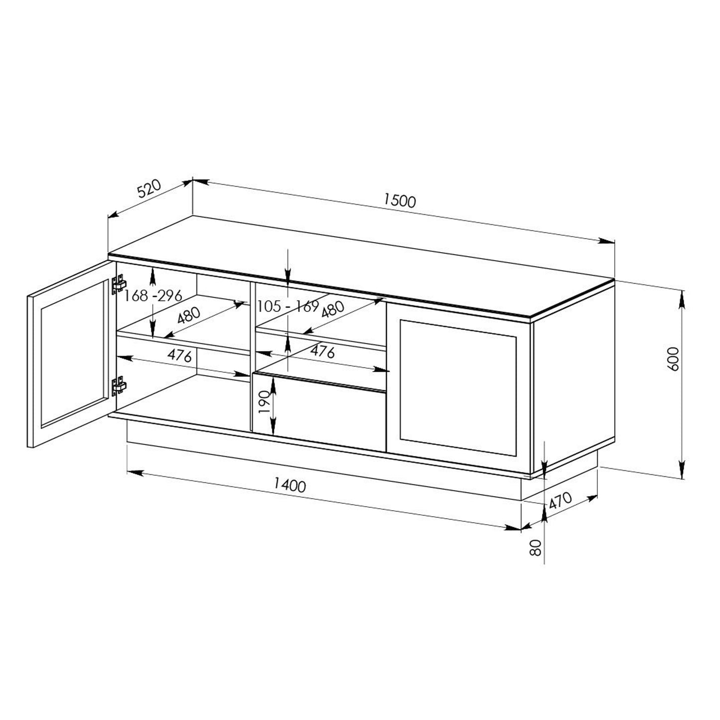 Tauris Titan Entertainment Center, TV Cabinet, Entertainment Unit 1500mm Two Component Spaces Tempered Glass, Black