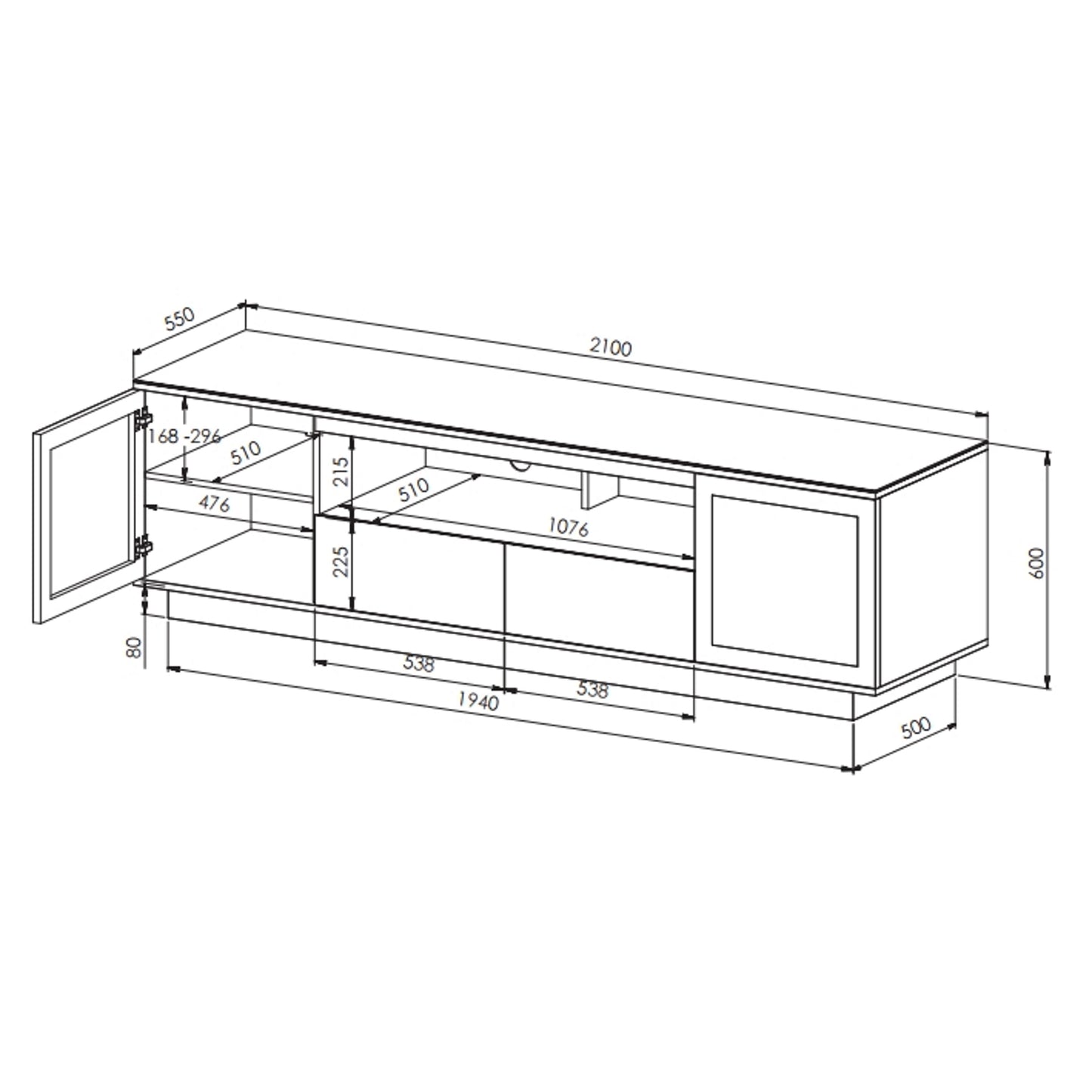 Tauris Titan Entertainment Center, TV Stand, Entertainment Unit 2100mm Two Component Spaces Tempered Glass, Black