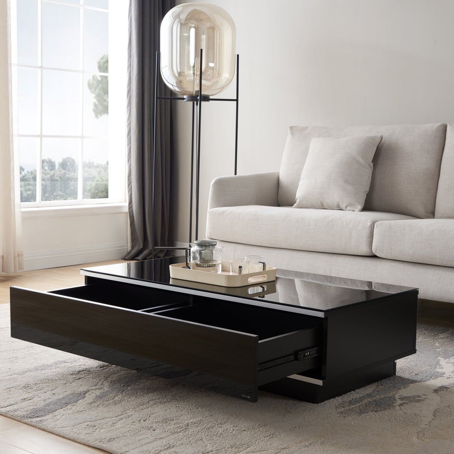 Tauris Titan Coffee Tables 1100mm Glass Front Drawer Tempered Glass Top, Black