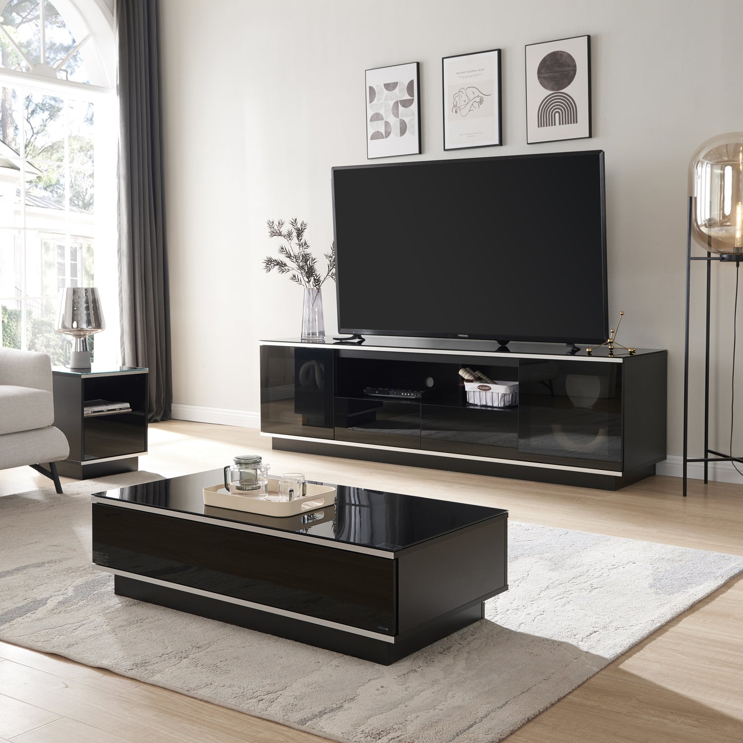 Tauris Titan Coffee Tables 1100mm Glass Front Drawer Tempered Glass Top, Black