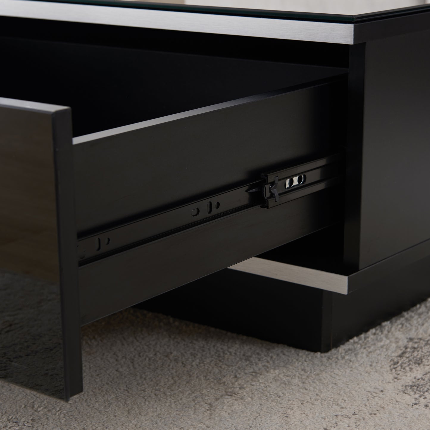 Tauris Titan Coffee Tables 1100mm Glass Front Drawer Tempered Glass Top, Black