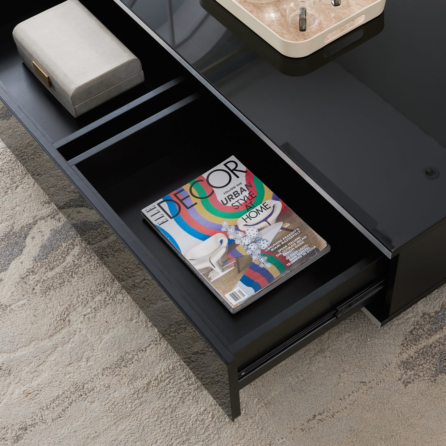 Tauris Titan Coffee Tables 1100mm Glass Front Drawer Tempered Glass Top, Black