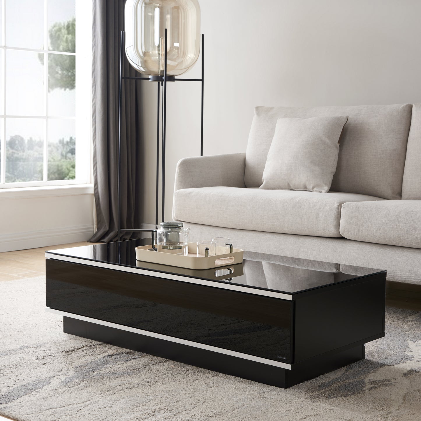 Tauris Titan Coffee Tables 1100mm Glass Front Drawer Tempered Glass Top, Black